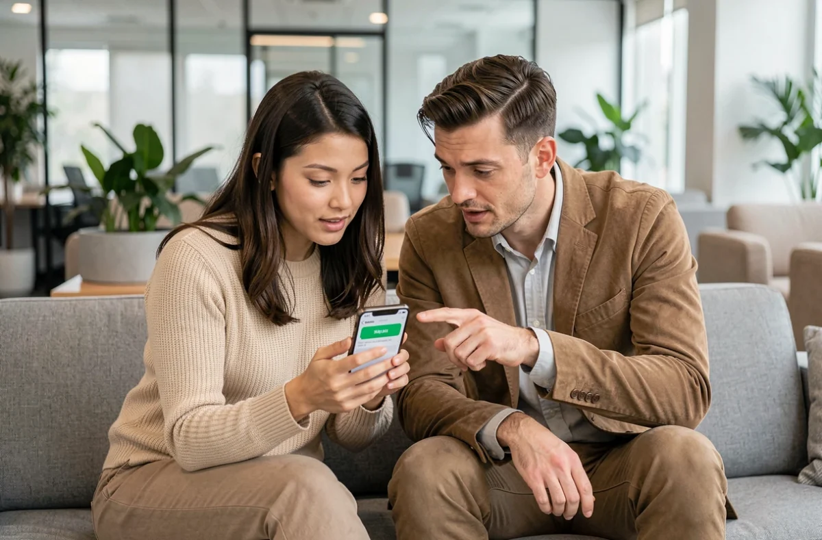 Deux collègues en open space découvrant ensemble comment mettre du texte en italique sur WhatsApp