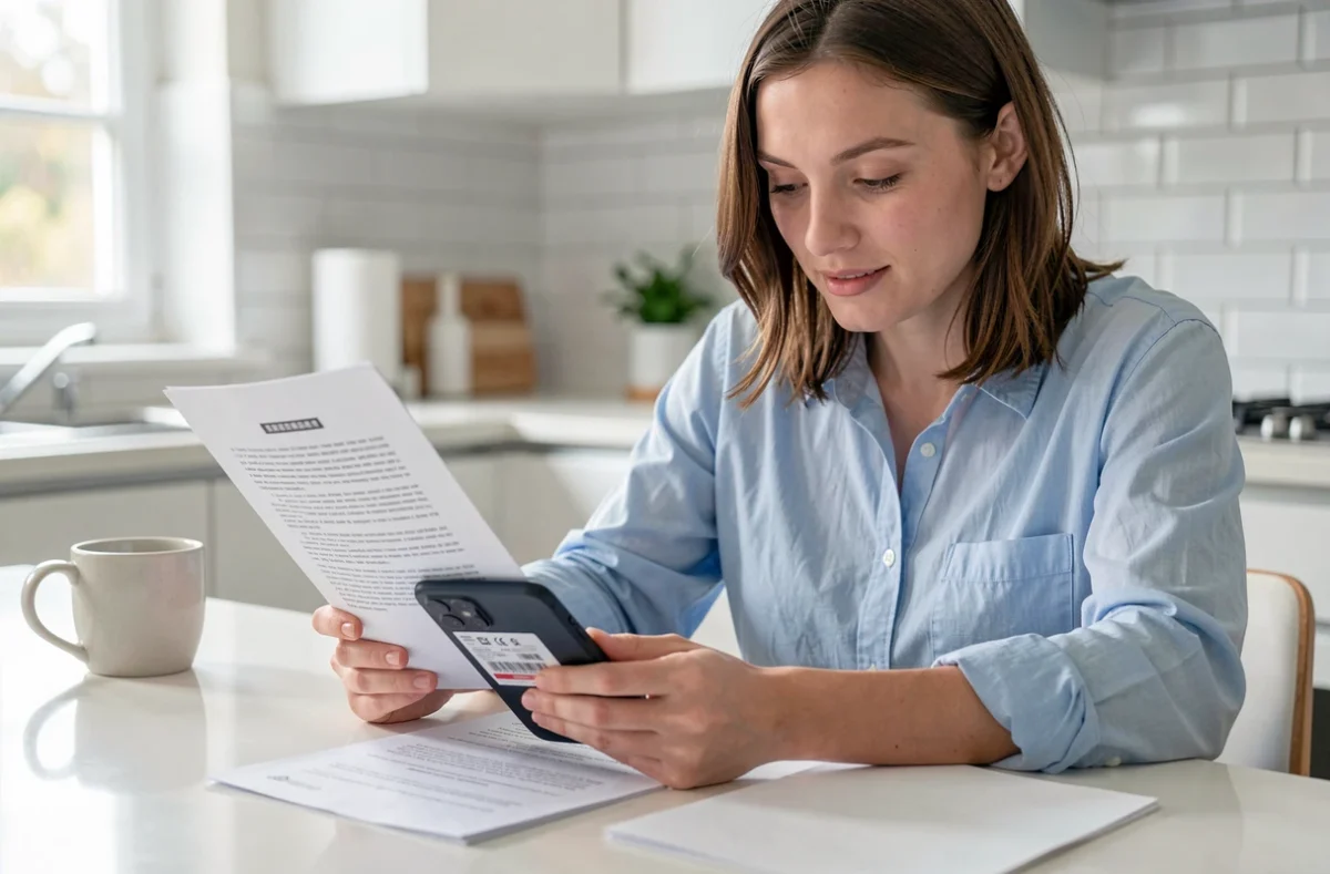 Femme comparant deux smartphones Xiaomi avec un document de garantie sur une table de cuisine