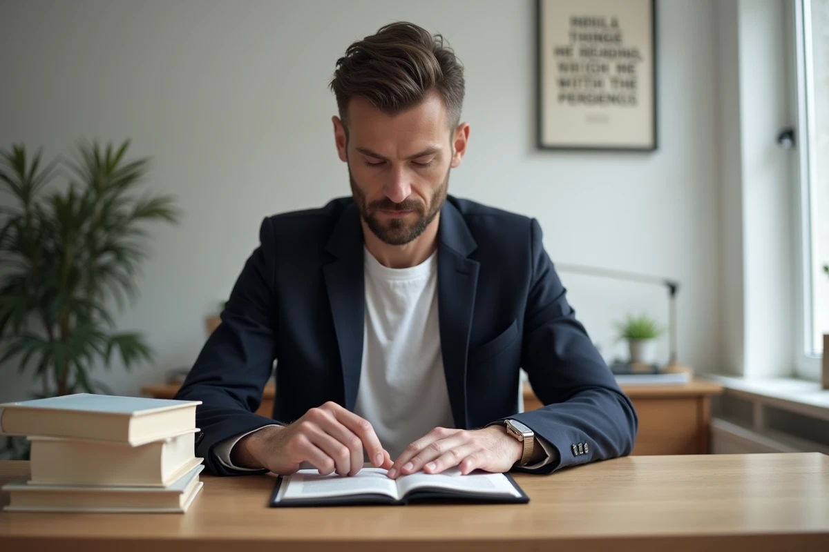 Homme comparant un livre papier et une liseuse Kindle numérique posés côte à côte sur un bureau en bois minimaliste