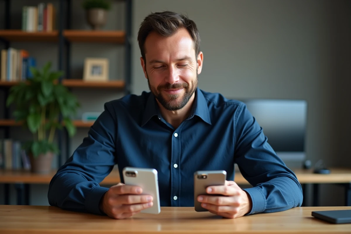 Homme comparant deux smartphones côte à côte sur un bureau pour évaluer le rapport qualité-prix