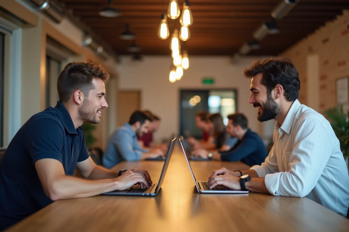 Deux collègues en compétition de vitesse de frappe au clavier sur leurs ordinateurs portables dans un espace de coworking