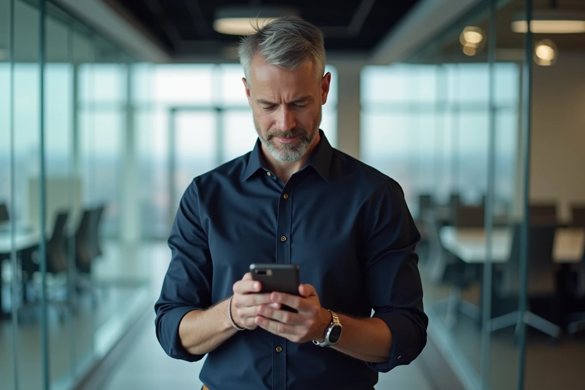 Homme vérifiant les paramètres de confidentialité de Google Photos sur son smartphone au bureau