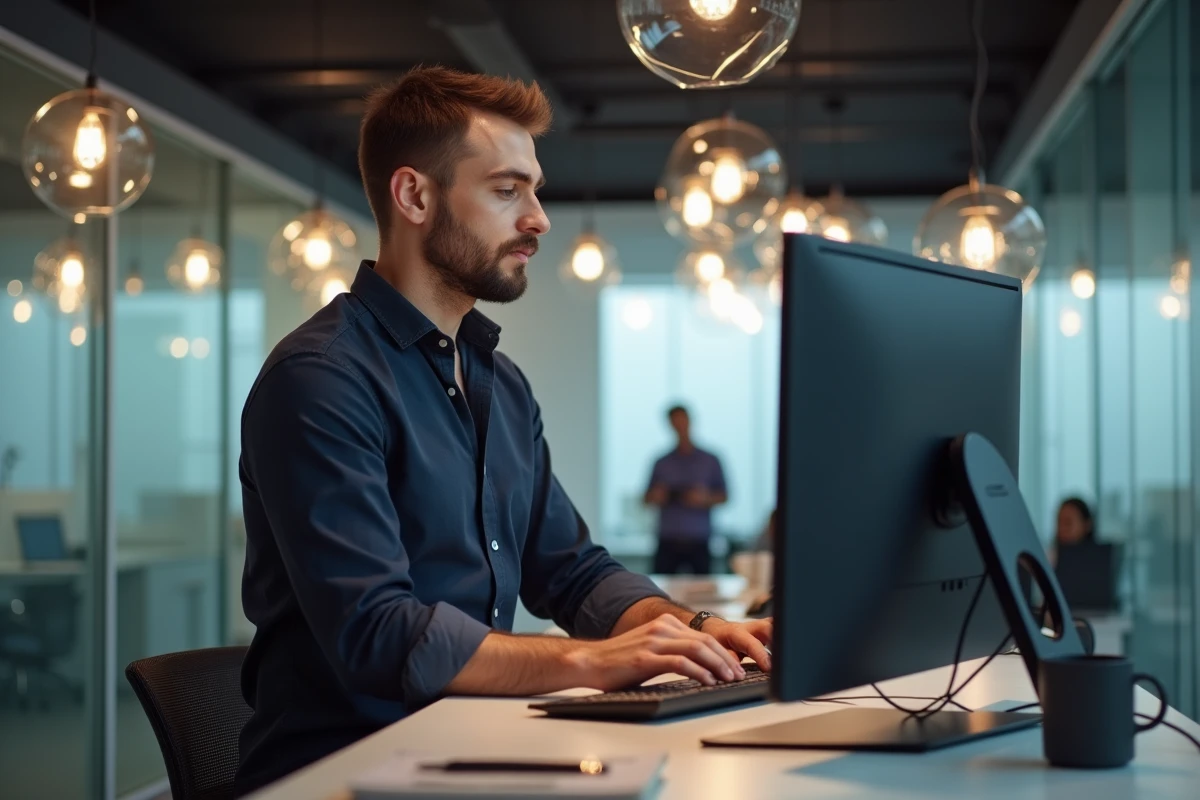 Homme se connectant à une application web sur un ordinateur de bureau dans un espace de coworking moderne