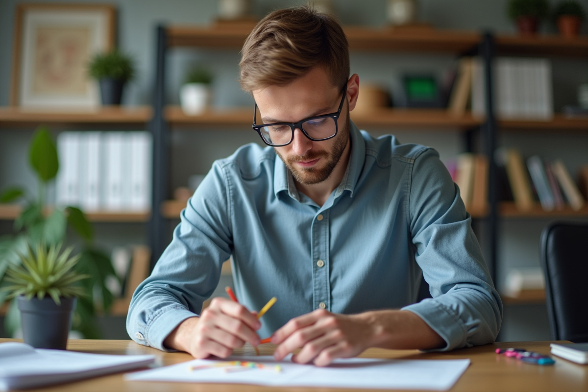 Jeune homme connectant des notecards avec fils colorés dans un bureau lumineux