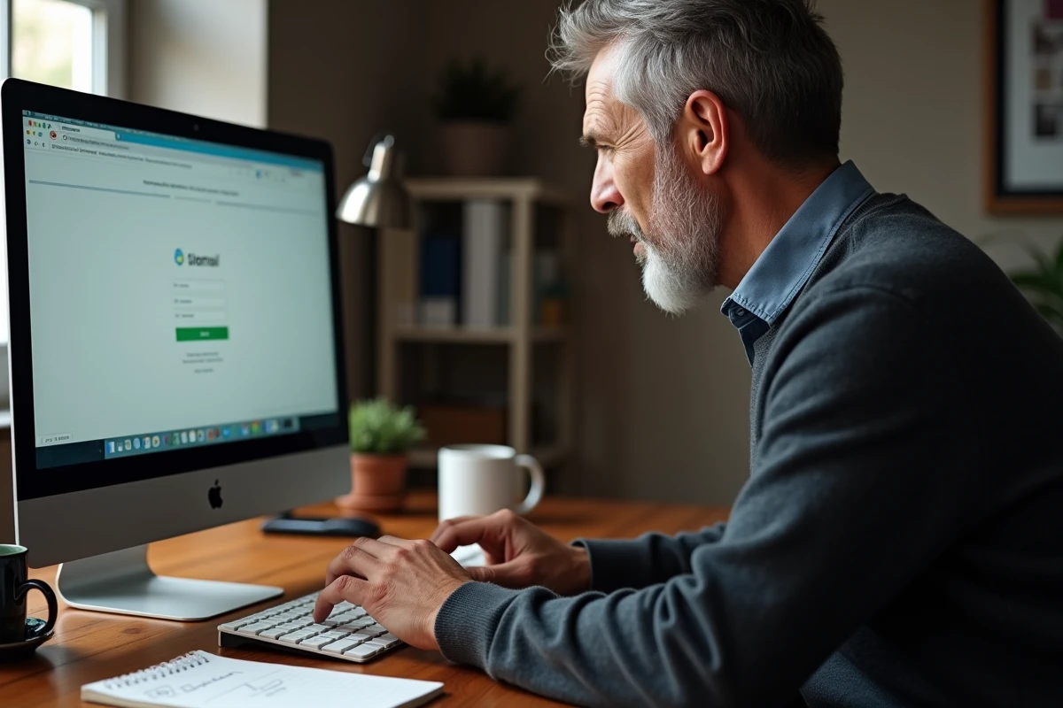 Homme saisissant ses identifiants sur une interface webmail académique depuis un bureau professionnel