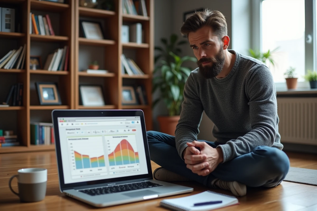 Consultant SEO travaillant sur un test A/B depuis son bureau à domicile avec un tableau de bord analytique
