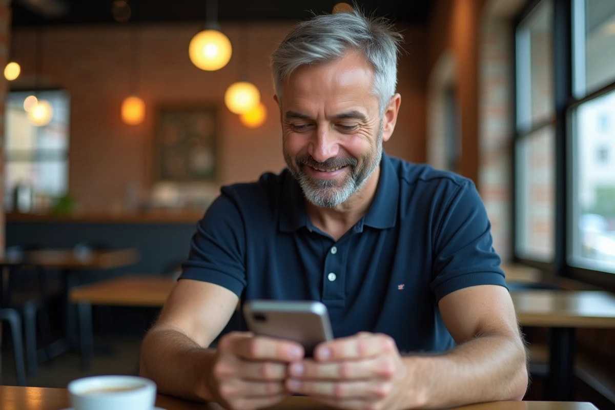 Homme consultant My Activity Google sur smartphone Android dans un café urbain