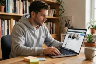 Homme consultant un convertisseur vidéo YouTube en MP4 sur son ordinateur portable dans un bureau à domicile
