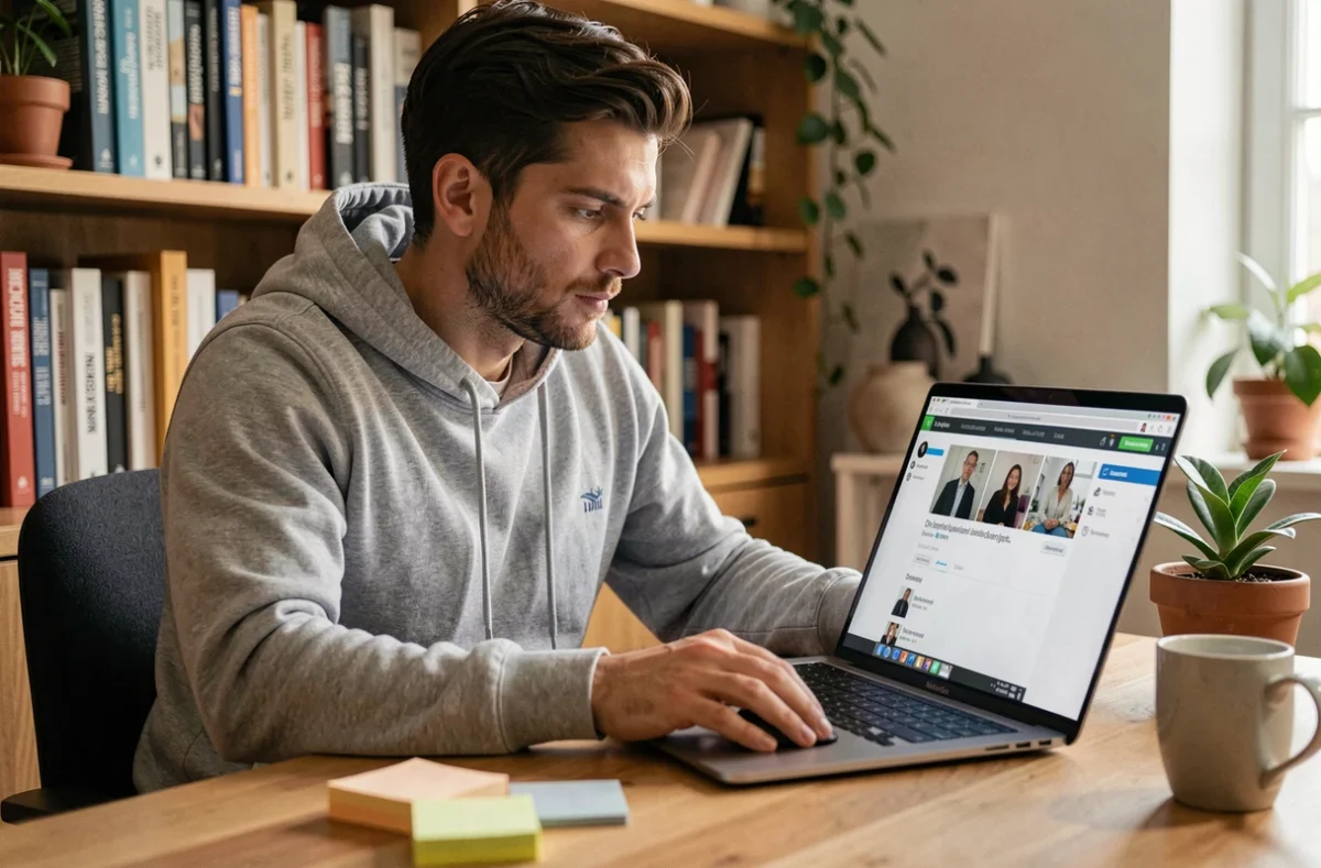 Homme consultant un convertisseur vidéo YouTube en MP4 sur son ordinateur portable dans un bureau à domicile