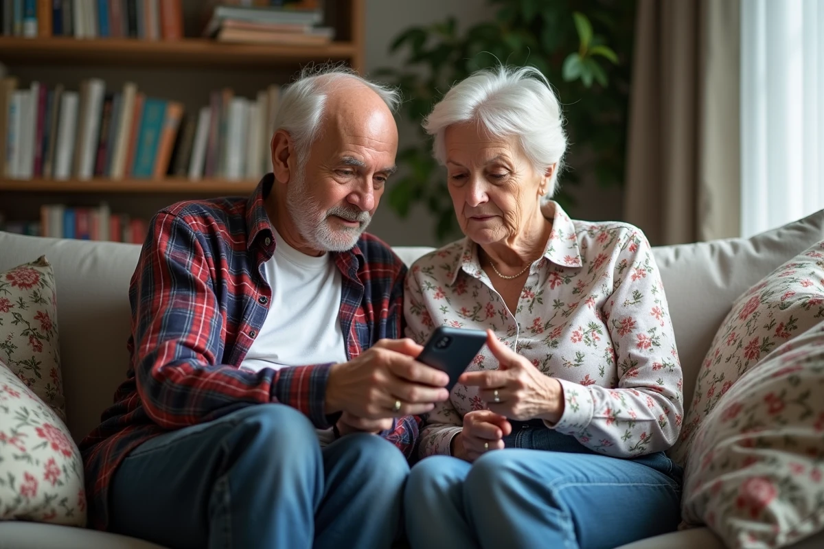 Un couple de seniors partage un smartphone Google Pixel 8a dans leur salon, montrant la facilité d'utilisation et la connectivité familiale pour les personnes âgées
