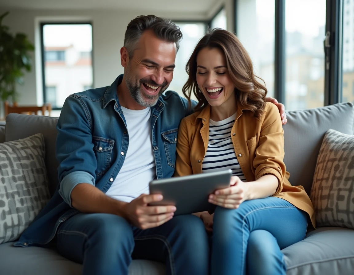 Couple amusé partageant la surprise de l'effet Do a Barrel Roll sur une tablette dans un salon moderne