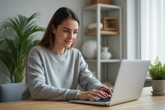 Femme créant une boite mail Yahoo sur un ordinateur portable dans un bureau à domicile moderne