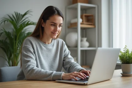 Femme créant une boite mail Yahoo sur un ordinateur portable dans un bureau à domicile moderne