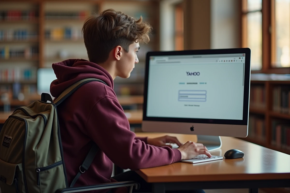 Étudiant créant un compte Yahoo Mail sur ordinateur de bureau dans une bibliothèque universitaire
