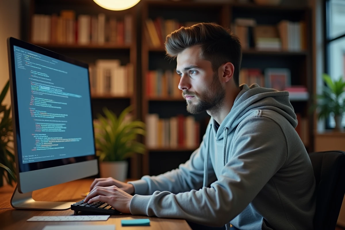 Jeune homme débutant en informatique lisant des articles hardware sur un ordinateur de bureau dans un bureau à domicile