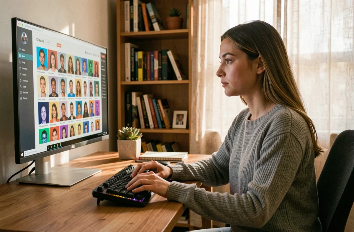 Jeune femme utilisant une interface d'IA générative sur ordinateur dans un bureau à domicile moderne