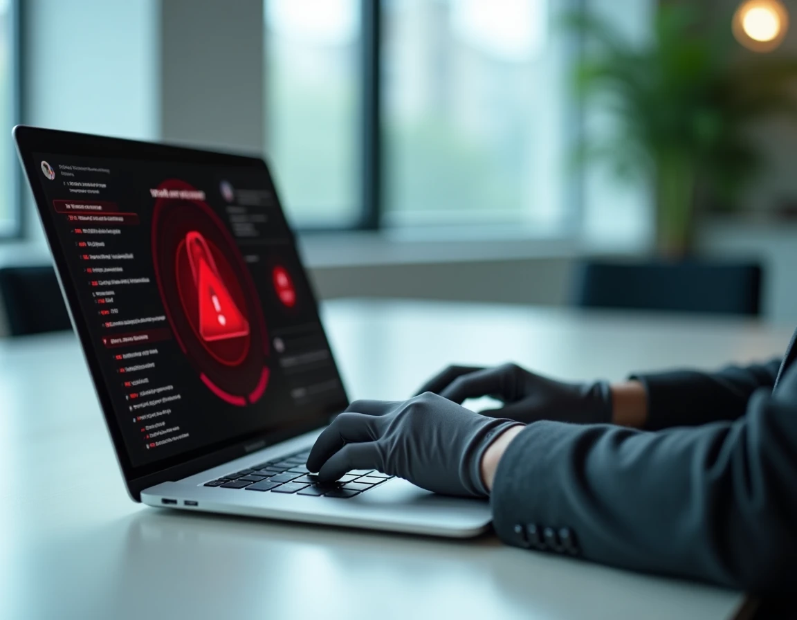 Professionnelle en sécurité informatique analysant une alerte de malware sur un ordinateur portable