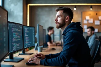 Développeur masculin analysant des wireframes GUI sur plusieurs écrans dans un bureau tech moderne