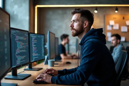 Développeur masculin analysant des wireframes GUI sur plusieurs écrans dans un bureau tech moderne
