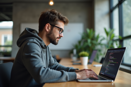 Jeune developpeur logiciel travaillant sur un laptop en open space