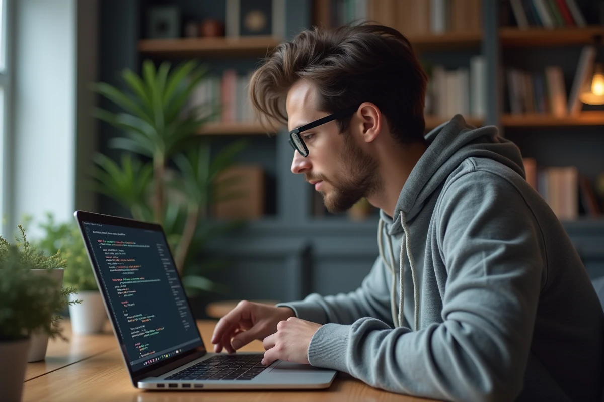 Jeune homme en hoodie regarde son écran d'ordinateur avec erreur pip