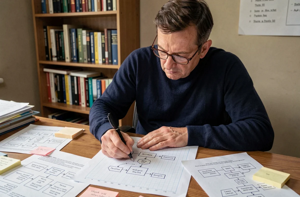 Développeur dessinant un schéma MCD sur papier quadrillé dans un bureau à domicile