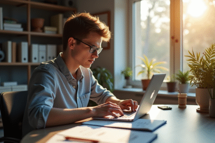 Jeune developpeur web travaillant sur un ordinateur portable dans un bureau lumineux