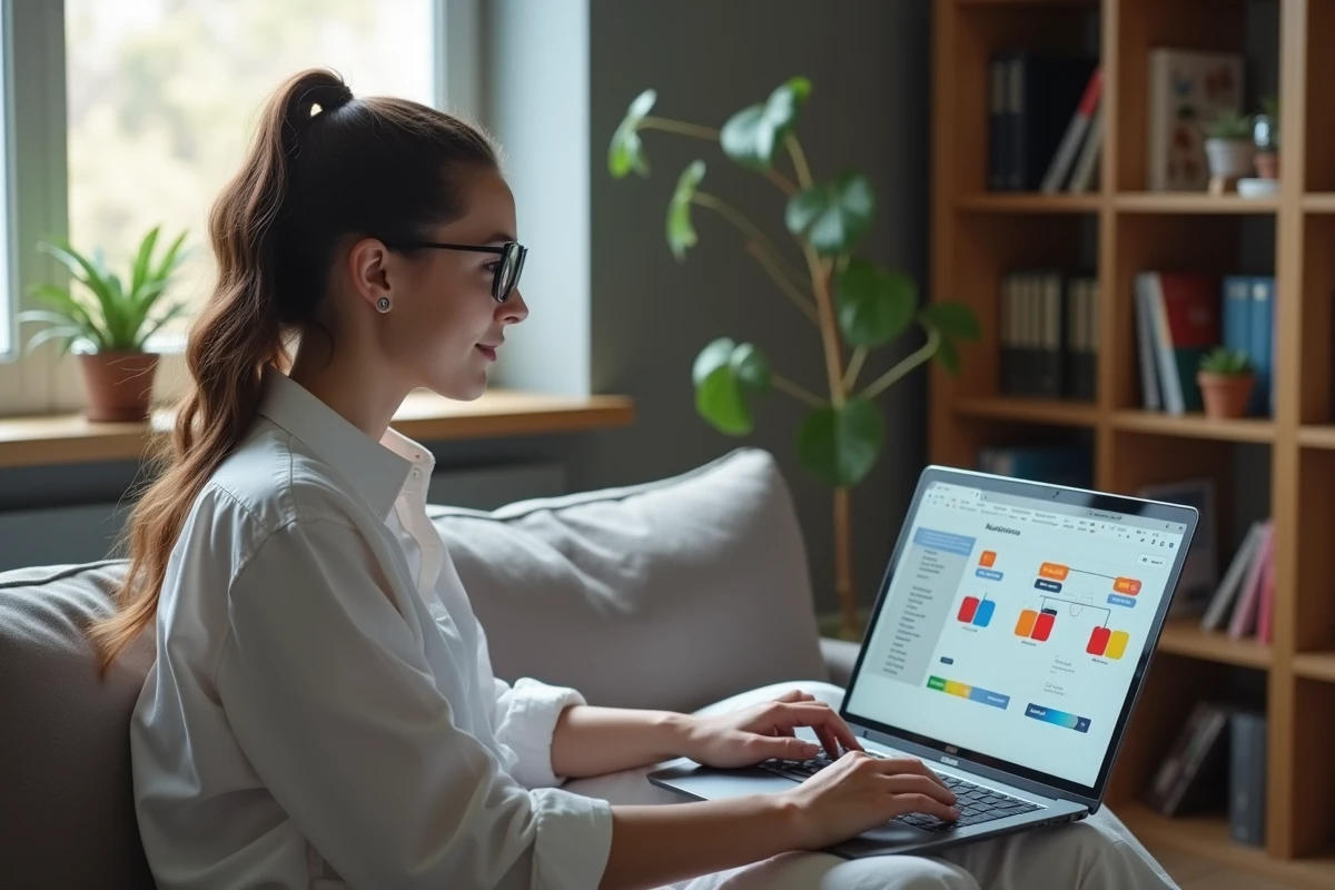 Développeuse travaillant sur une hiérarchie de composants GUI depuis son bureau à domicile