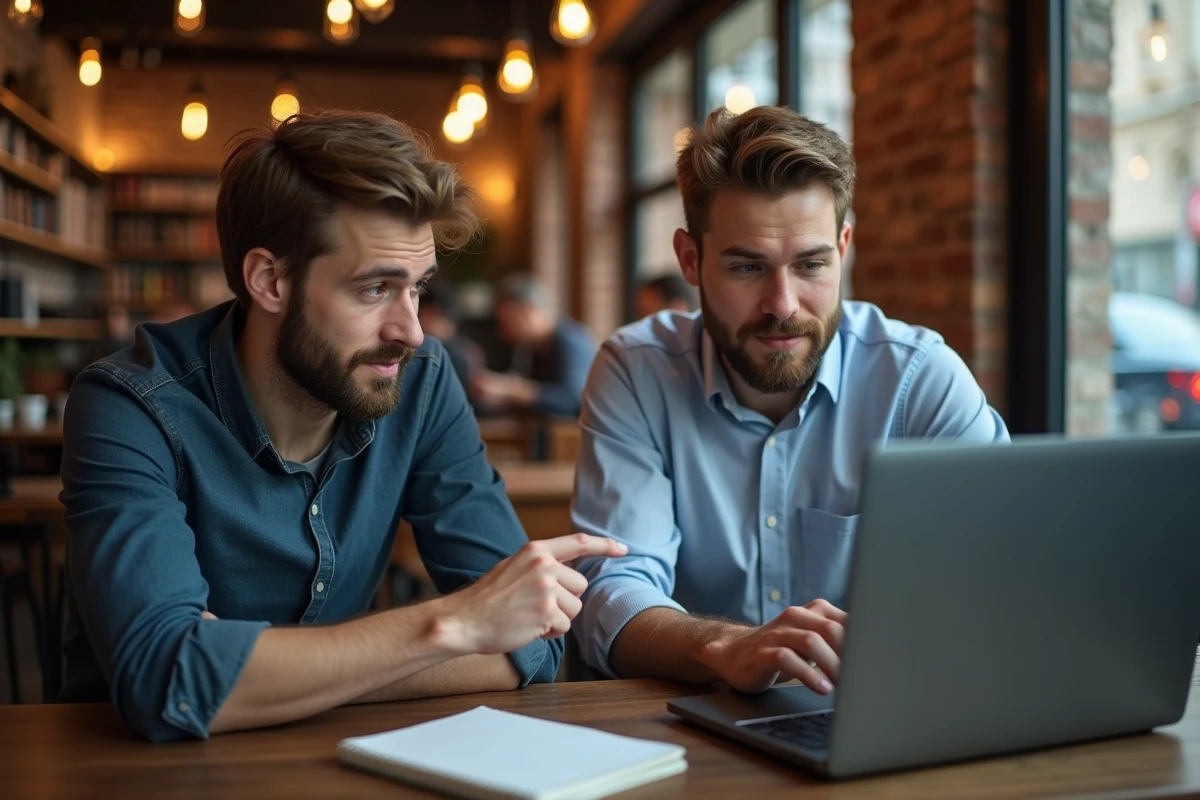 Deux hommes discutant de spécifications hardware PC autour d'un ordinateur portable dans un café moderne