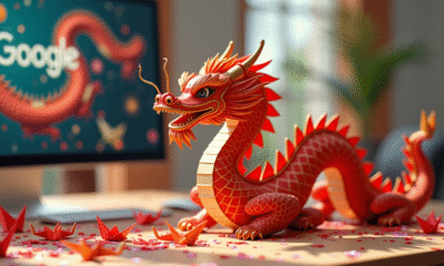 Centre de table dragon chinois rouge et or sur bureau moderne
