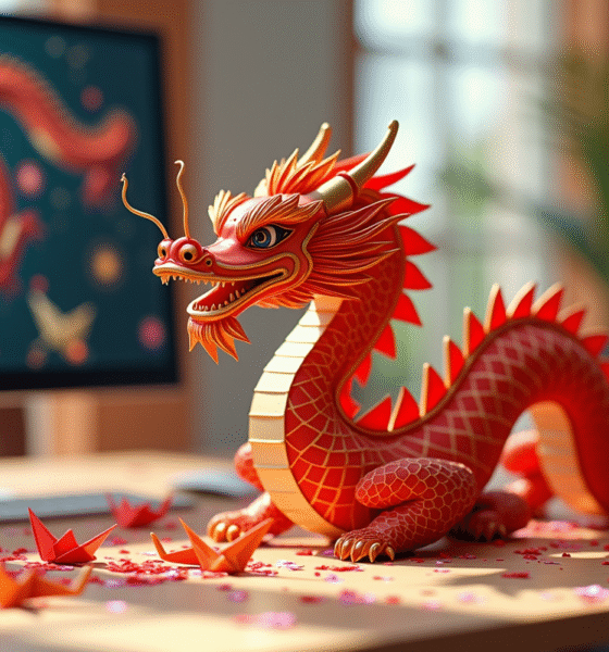 Centre de table dragon chinois rouge et or sur bureau moderne