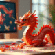 Centre de table dragon chinois rouge et or sur bureau moderne