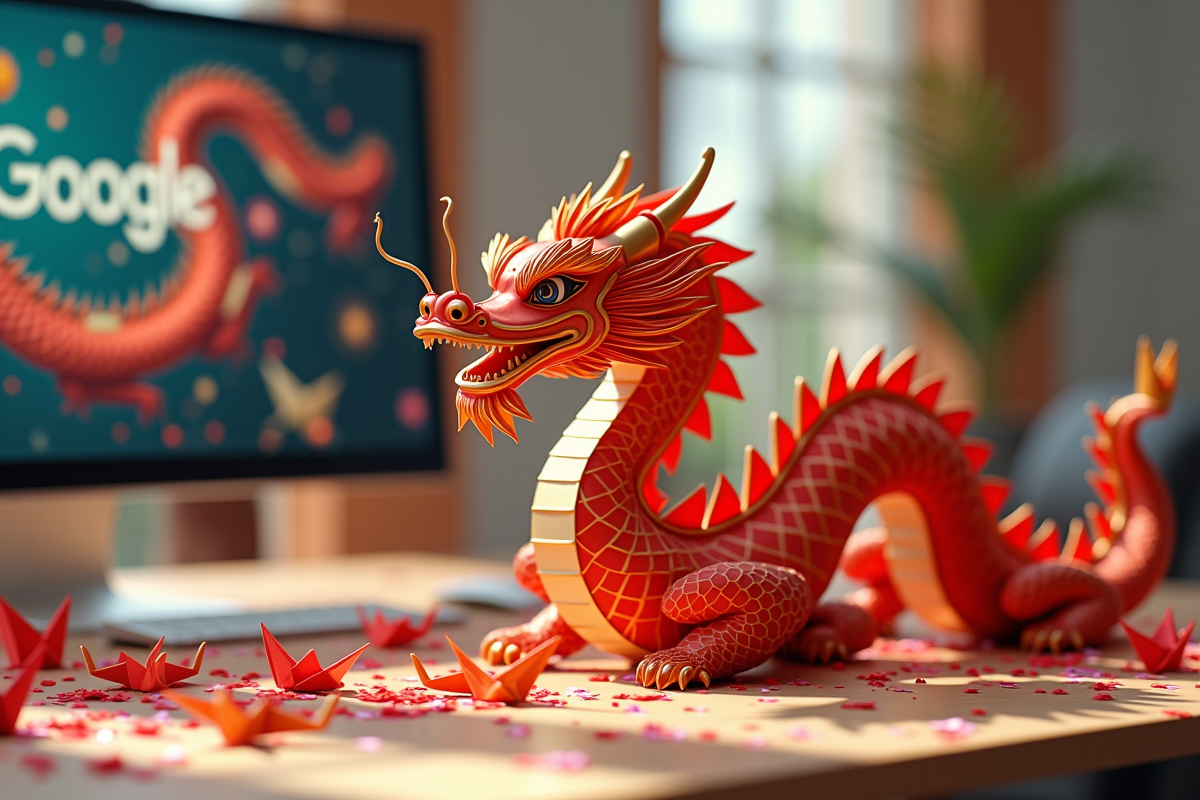 Centre de table dragon chinois rouge et or sur bureau moderne