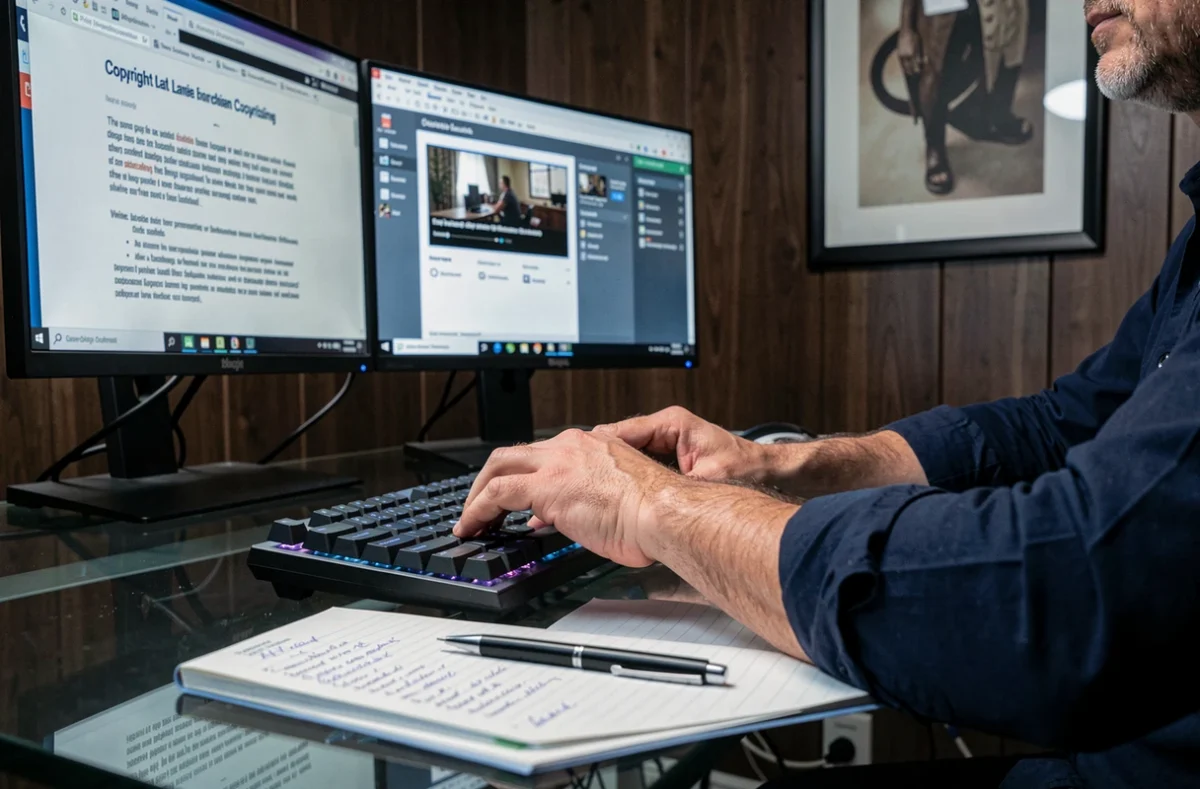 Mains d'un homme tapant sur un clavier devant deux écrans affichant des informations sur les droits d'auteur et la gestion de fichiers vidéo