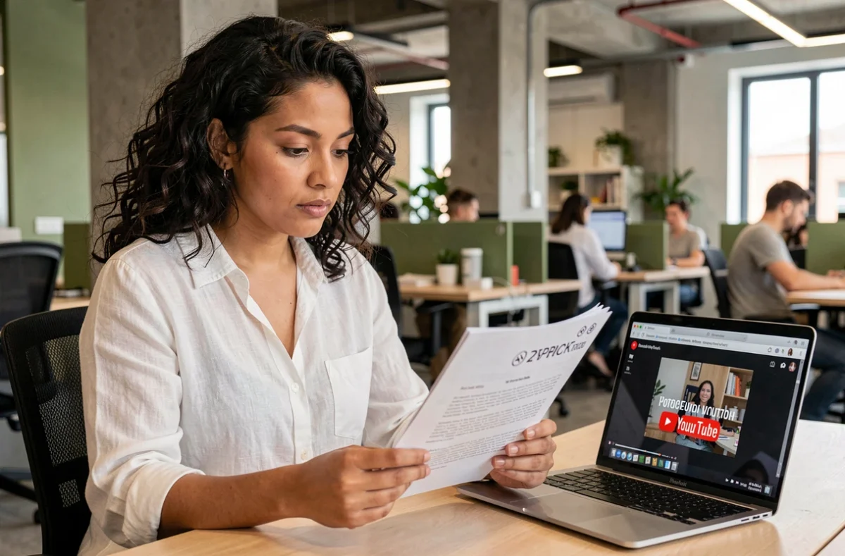Femme lisant un document sur les droits d'auteur à côté d'un ordinateur affichant une vidéo YouTube dans un espace de coworking