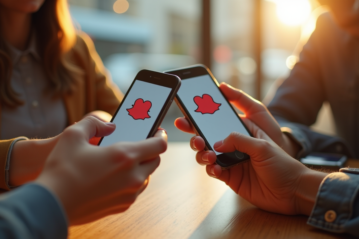 Deux mains échangeant des téléphones avec Snapchat et cœur rouge en café