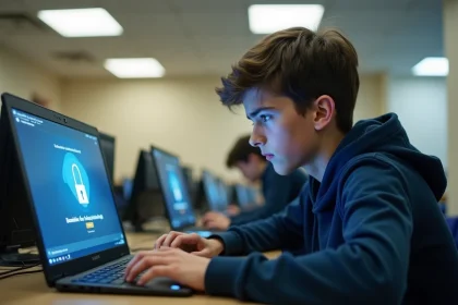 Élève de lycée frustré devant un écran d'erreur de connexion au webmail ac-normandie sur un ordinateur scolaire