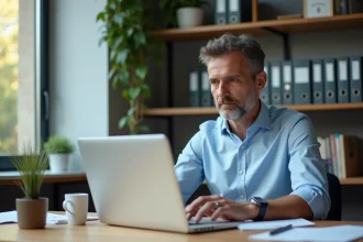 Professeur homme en bureau moderne ajuste ses réglages email