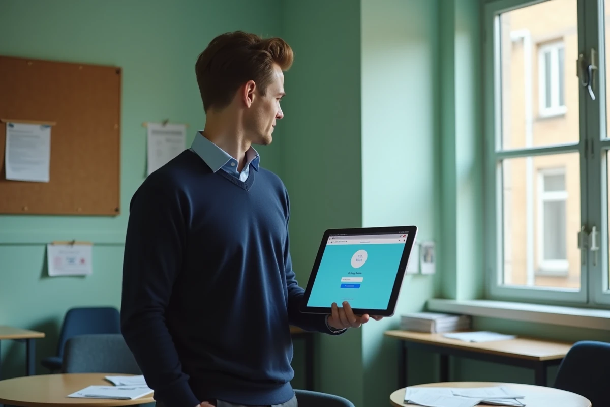 Enseignant contractuel consultant son webmail académique Nantes sur une tablette dans la salle des professeurs d'un lycée