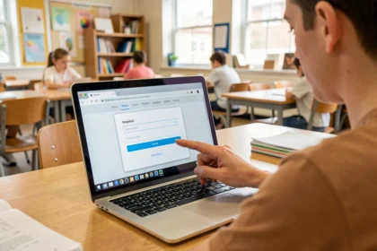 Enseignant devant la page de connexion de sa messagerie sur un ordinateur portable