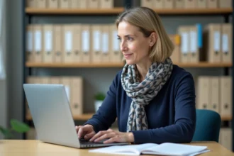 Enseignante d age moyen au bureau lumineux