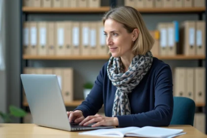 Enseignante d age moyen au bureau lumineux