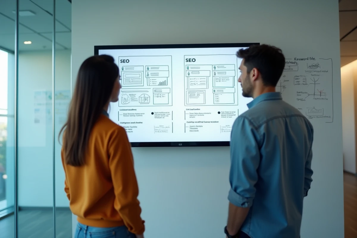Deux professionnels analysant une comparaison de test A/B SEO sur un écran mural en salle de réunion