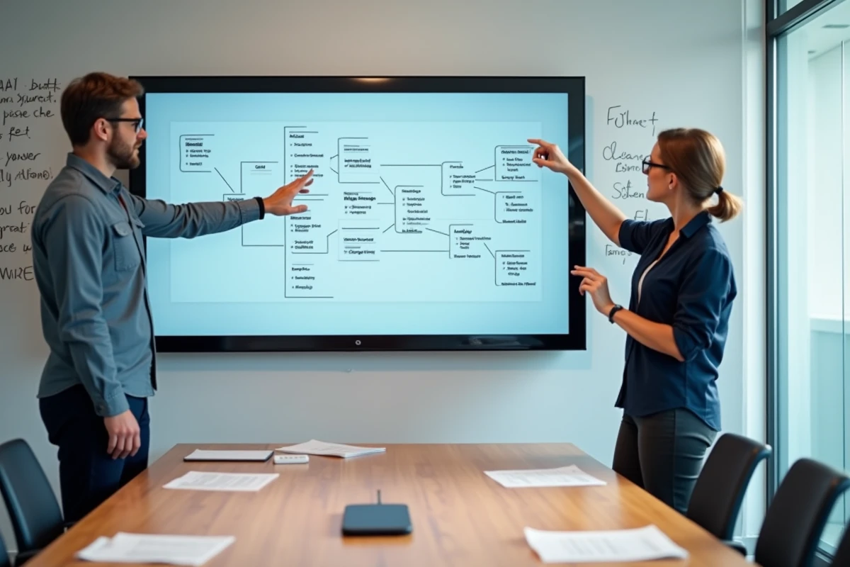 Deux développeurs analysant un diagramme de flux GUI sur un écran interactif en salle de réunion