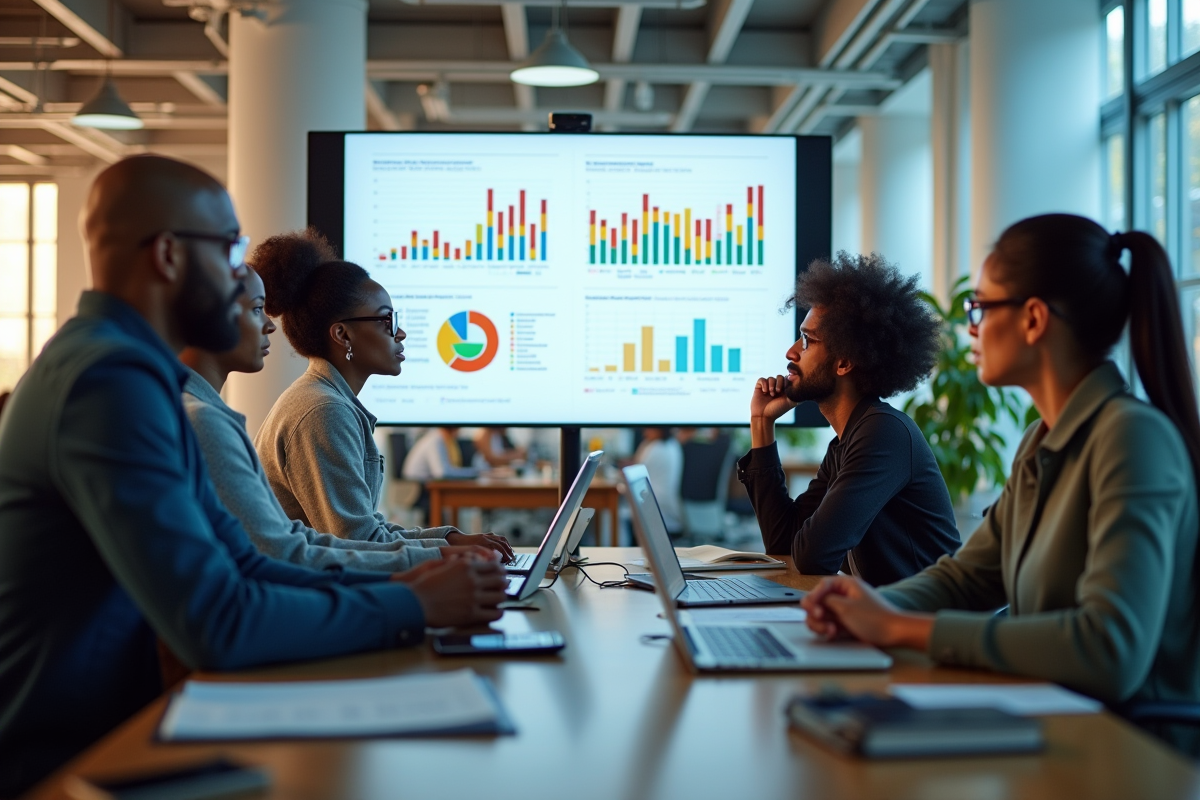 Professionnels discutant de graphiques dans un espace collaboratif