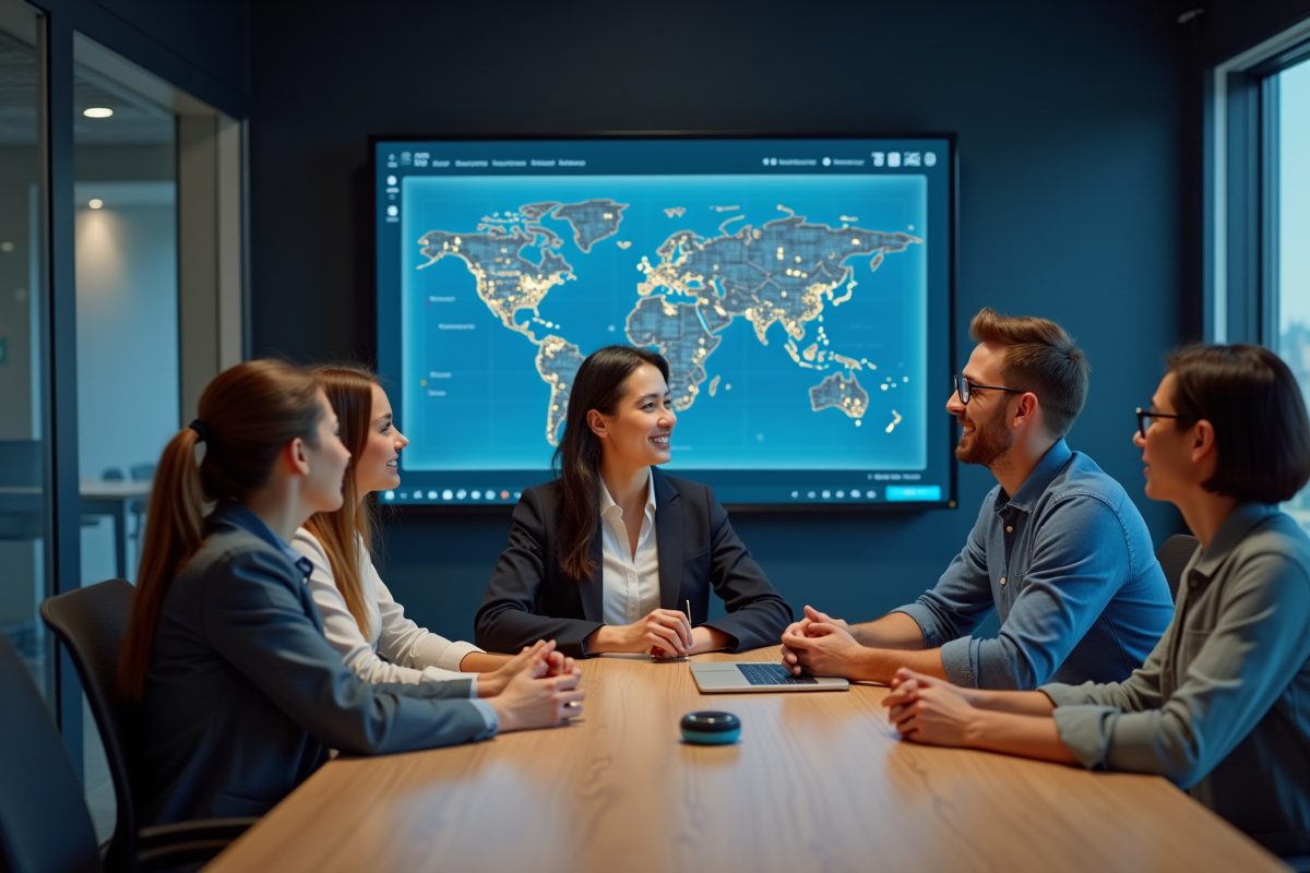 Groupe de jeunes professionnels collaborant sur un écran tactile en réunion