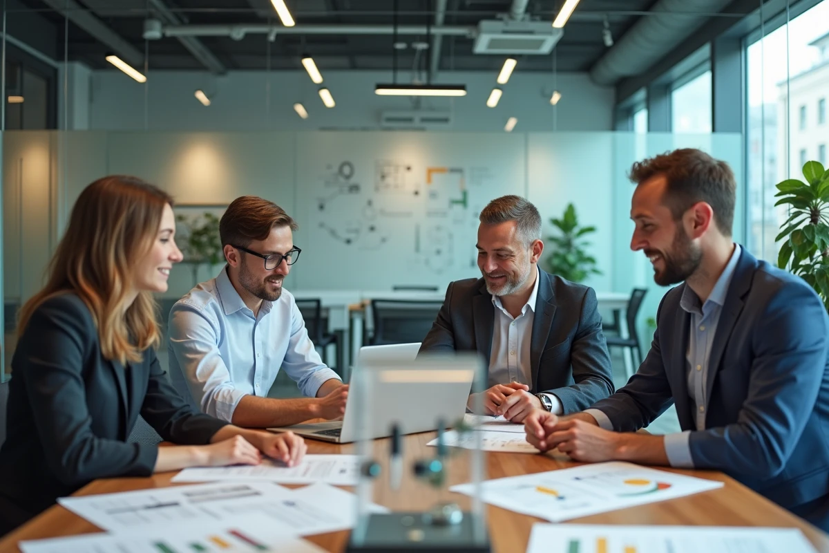 Équipe d'investisseurs et d'experts discutant de micro-technologies innovantes autour d'une table de réunion moderne