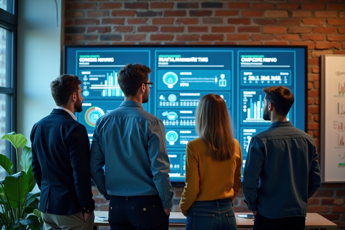 Groupe de jeunes spécialistes IT collaborant devant un mur digital