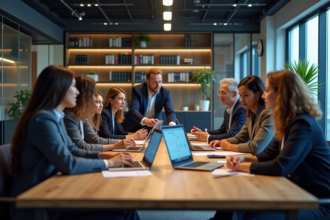 Groupe de professionnels collaborant autour d'une table moderne