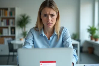 Femme frustrée devant un ordinateur portable affichant une erreur de connexion à la messagerie académique au travail